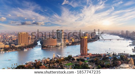 Cairo panorama over the Nile river and skyscrappers, view from the Tower, Egypt
