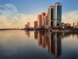 Caïro Skyline Egypte, Rivier De Nijl Met Wolk En Super Moon