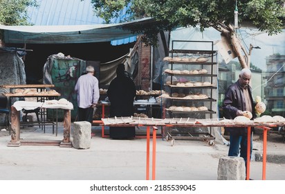 Cairo Streets View, People In Front Of Street Bakery, Bread Shop In Old Cairo City, Egypt, February 2019.