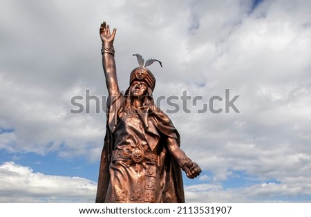 Cajamarca, Peru - February 2021: Atahualpa statue in Cajamarca. Representation of the last Inca emperor in Peru. Bronze monument to the monarch. Historical and cultural landmark to the Inca Empir