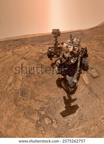 Cajas de madera, con cestas de mimbre y jarrones. Closeup of broken and grunge texture of the arid floor. Mixed media. Mars rover. Rider travels. Elements of this image furnished by NASA
