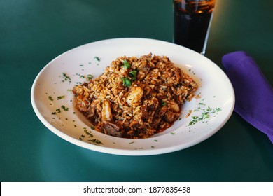 Cajun Jambalaya, American Dish. Typical And Authentic Louisiana Cajun Creole Cuisine. Stew Consisting Of Chicken, Andouille And Shrimp With Bayou Seasoning And White Rice.