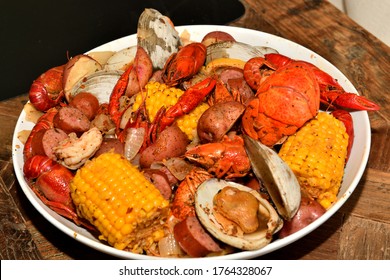 Cajun Style Seafood Boil On A Serving Dish