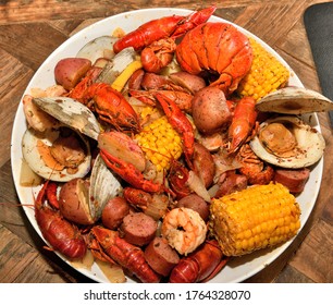 Cajun Style Seafood Boil On A Serving Dish