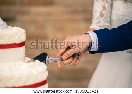 Cake cutting with unrecognizable espouses during wedding gathering