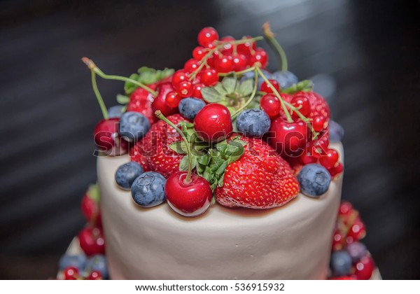 Cake Decorated Cherries Strawberries Blueberries Red Stock Image