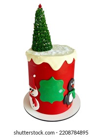 Cake Decorated With Christmas Tree And Snowmen Isolated On A White Background. Front View.