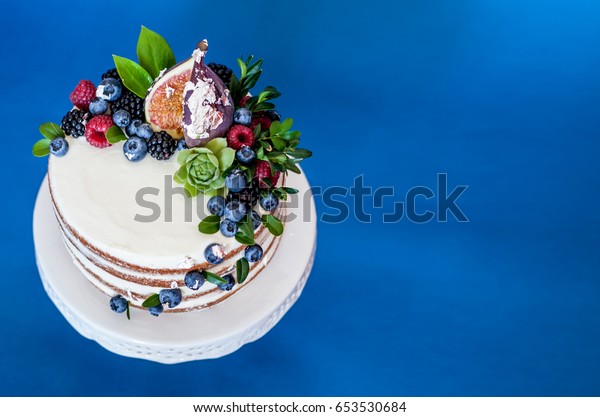 Cake Decorated Sukkulent Blueberries Figs Raspberries Stock Photo