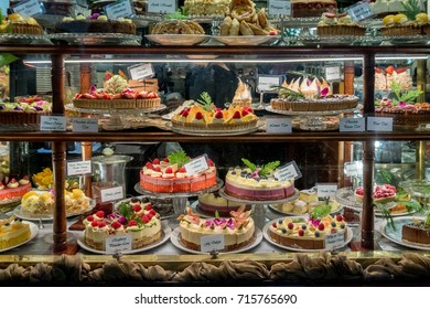 Cake Display In A Patisserie Dessert Shop Bakery