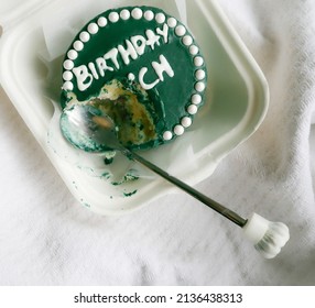 Cake For Happy Birthday Cake Bento Green With White Happy Birthday  In Box Side Metal Spoon With Chef's Cap Dessert