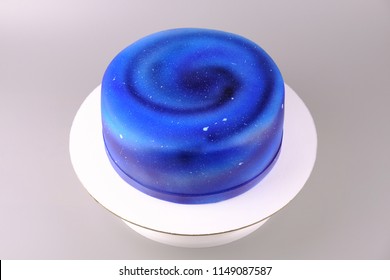 Cake With The Image Of The Cosmos Drawn By Airbrush. Galaxy, Stars In The Night Sky. Picture For A Menu Or A Confectionery Catalog.