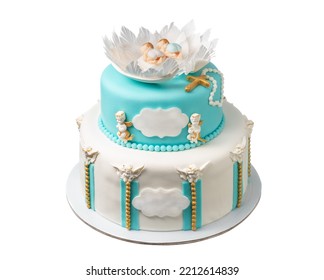 Cake For Infant Baptism Made Of Sugar Paste And Blue. Angels And A Cross For Decoration. On An White Background