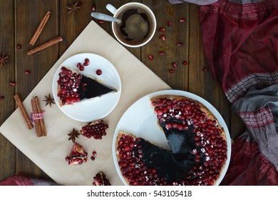 Cake With Jelly, Cranberry And Pomegranate On A Brown Wooden Table. Gala Dinner View From The Top