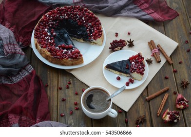 Cake With Jelly, Cranberry And Pomegranate On A Brown Wooden Table. Gala Dinner View From The Top