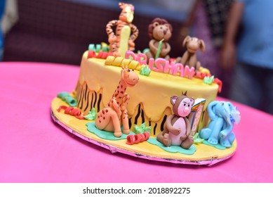 Cake For Kids Birthday Celebration  Jungle Animals Theme Children Party  Decorated Room For Boy Or Girl Kid Birthday  Table Setting With Presents,