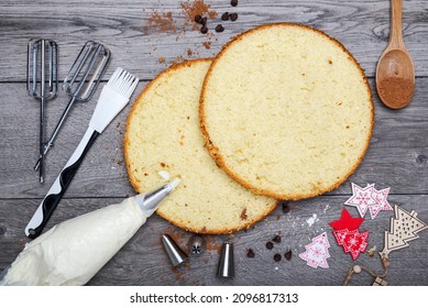 Cake Layers And Cream On The Kitchen Table. Cooking Tools. View From Above.