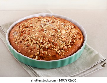 Cake With Nutty Topping In Baking Tin