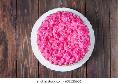 Cake With Pink Cream On Wood Background. Pink Cake. Top View