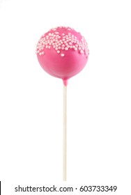 Cake Pop In Pink Glaze With Decorative Sprinkles Isolated On White Background