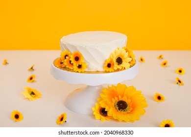Cake smash setup with sunflower theme and bright vibrant yellow background