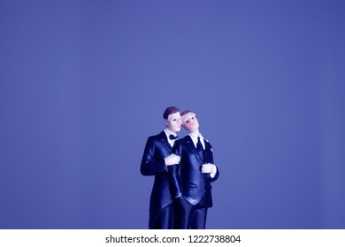 Cake Topper Gay Wedding Couple Of Two Male Grooms Holding Romantic Marriage Embrace Of LGBT Love.