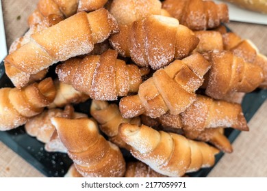 Cakes Bagels. Crispy Croissants, Crescent. Food On Grey Background,