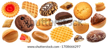 Cakes, cookies, crackers and waffles collection isolated on white background with clipping path