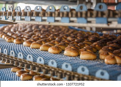 Cakes On Automated Round Conveyor Machine In Bakery Food Factory, Production Line Close Up