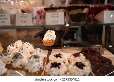 Cakes On Display In Patisserie Shop Window, Delicious Pastries In The Coffee Shop