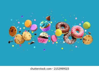 Cakes, Sweets, Confectionery Collage Background. Donuts, Cookies Cupcakes Macaroons Levitation Over Blue Background