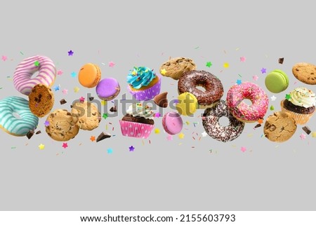 Cakes, sweets, confectionery mix background. Donuts, cookies cupcakes macaroons levitation over light gray background