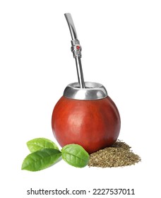 Calabash with mate tea, bombilla and green leaves on white background