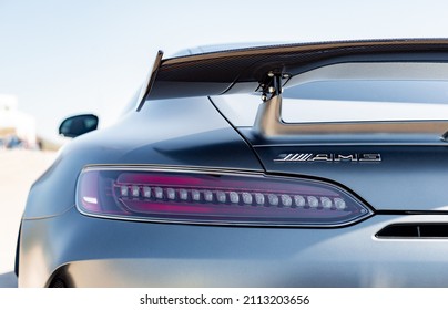 Calafat, Spain, April 18, 2021: Rear Detail View Of A Mercedes Benz AMG GT R, Parked In The Waiting Area Before Leaving For The Circuit. Supercar Rally.