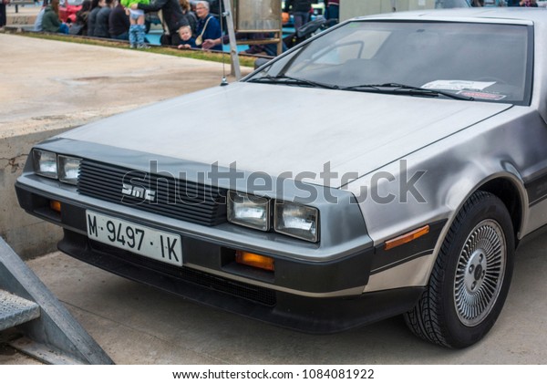 Calafell, Spain, May 2018: Delorean in Riverside\
classic car show. Delorean DMC-12 car from 1980s movie film Back To\
he Future. This is one of the 6500 DeLorean Motor cars were thought\
to still exist