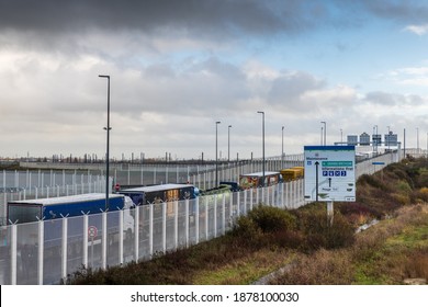 Calais, France - December  17, 2020 : As Brexit Approaches, Lines Of Trucks At The Entrance To The Channel Tunnel