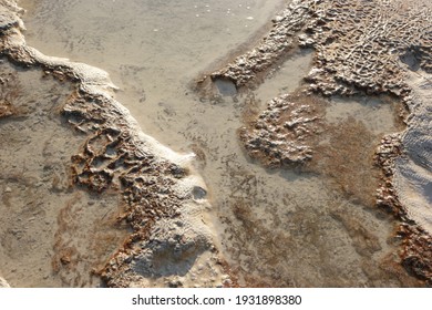 Calcium Carbonate Mineral Deposits Close Up. Pamukkale Travertine Surface, Turkey.