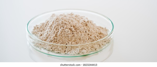 Calcium carbonate salt in petri dish on white background