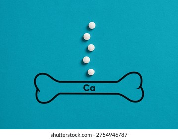 Calcium supplements falling into a bone outline with Ca symbol, illustrating the concept of strong bones and healthcare