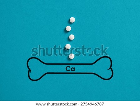 Calcium supplements falling into a bone outline with Ca symbol, illustrating the concept of strong bones and healthcare