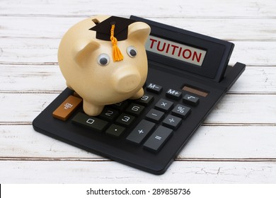 Calculating your tuition fees, A golden piggy bank with a grad hat on a calculator with word Tuition  over a distressed wood background