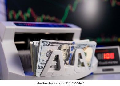 Calculation american banknotes. Financial banking device for counting dollars. - Shutterstock ID 2117046467