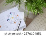 calculation of the fate matrix by date of birth, numerology concept, home interior, book with pencils, top view close-up, space for text