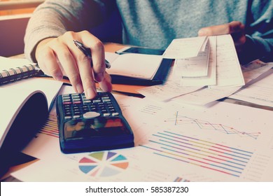 Calculation With Receipt Bill With Man Calculate About Cost At Home Office.