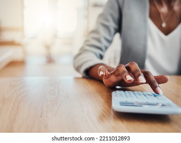 Calculator, Bank And Hand Of Finance Black Woman Calculate Loan Balance, Insurance Tax Or Financial Business Profit. Accounting, Administration And Accountant Doing Company Bookkeeping Or Calculation