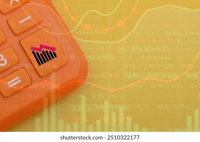 a calculator with a downward-facing arrow, symbolizing a decline or decrease, overlaid on a background of financial charts, suggesting a potential economic downturn or market correction.