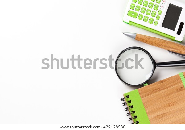 Calculator\
with a magnifying glass on a white\
background