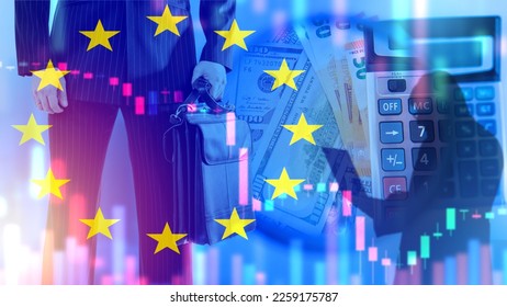Calculator with money near flag Europe. Business investment in European Union. Businessman with briefcase doing business with European countries. Investment in EU. Eurozone financial market - Shutterstock ID 2259175787