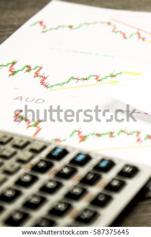 calculator on graffica the Dow Jones on forex market at grey table