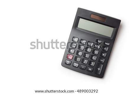 Calculator on white background, Top view