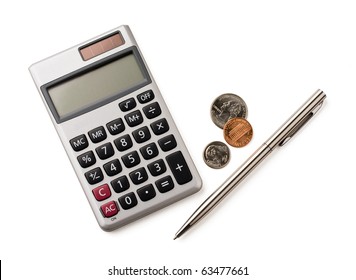 Calculator, Pen And Coins Isolated On White.